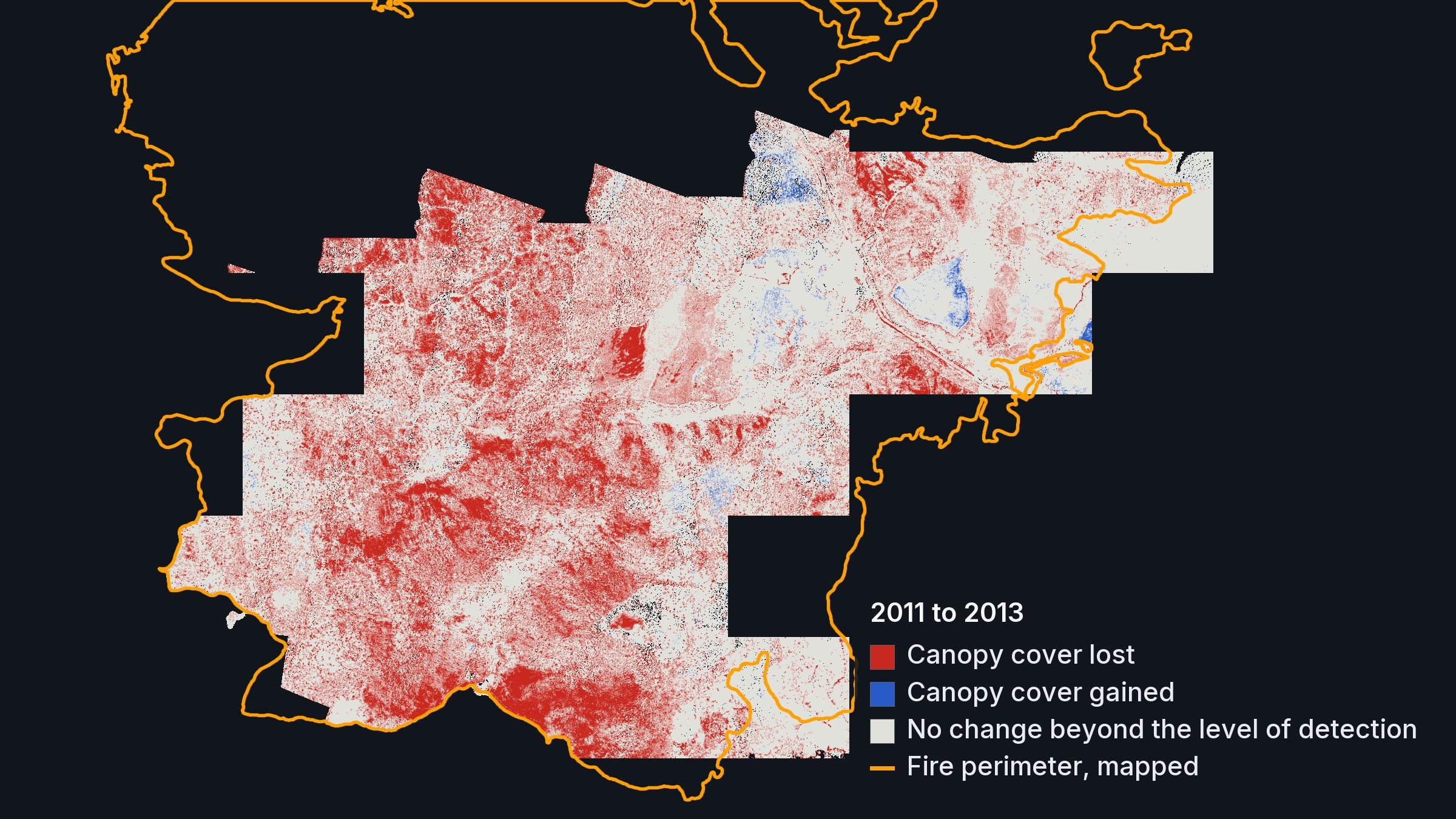 Forestier Peninsula, Tasmania: canopy cover lost (red) and gained (blue) between the 2011 airborne LiDAR survey and one flown two months after the 2013 Forcett–Dunalley fire, beyond the level of detection, with the fire perimeters mapped between the surveys in orange. South East 2011 LiDAR, Fire History and TASVEG: theLIST © State of Tasmania, CC BY 3.0 AU; Greater Hobart 2013 LiDAR via ELVIS, no licence on record.