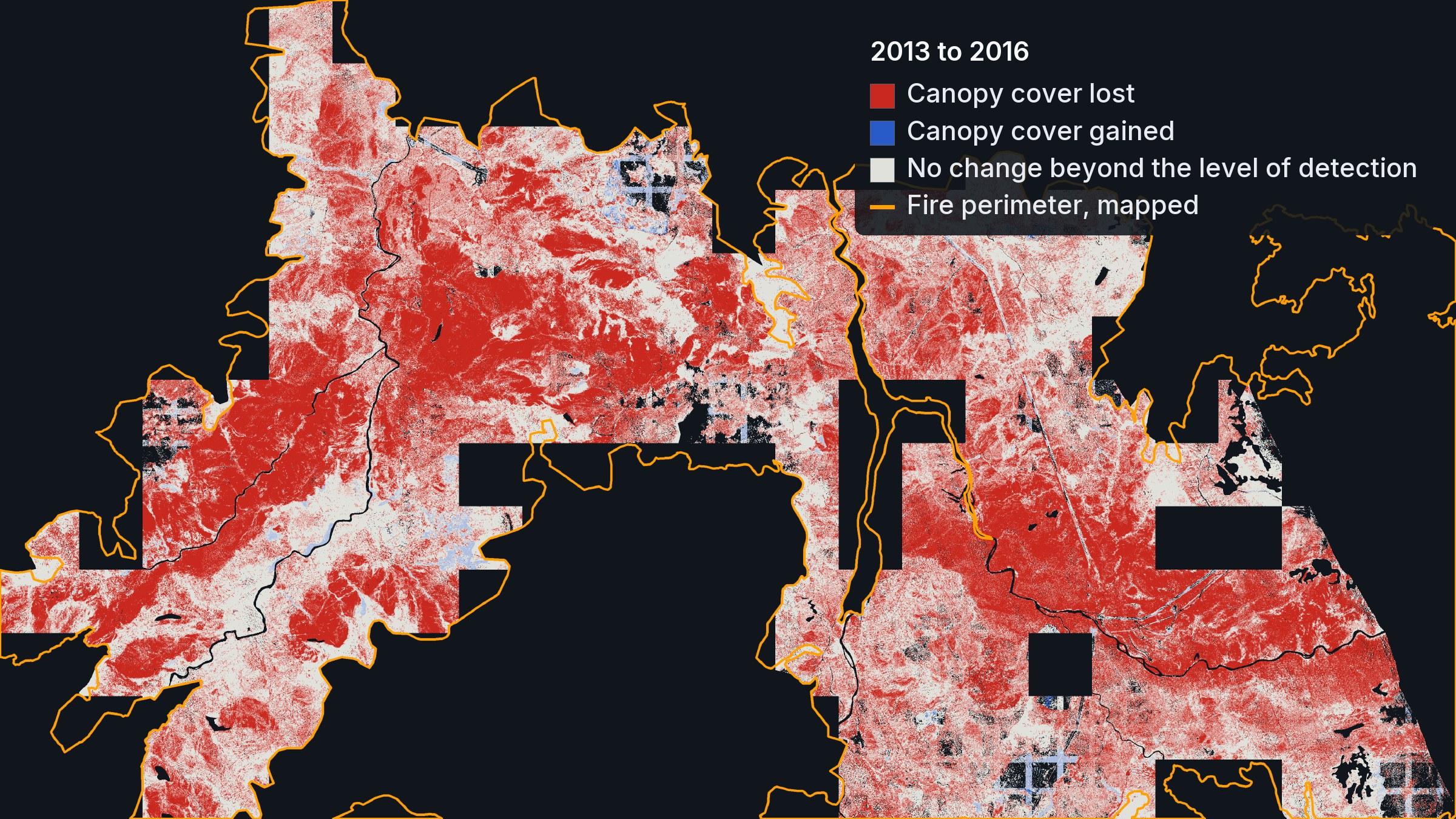 Lake Mackenzie, Tasmania: canopy cover lost (red) and gained (blue) between the 2013 and 2016 airborne LiDAR surveys, beyond the level of detection, with the fire perimeters mapped between the surveys in orange. North West 2013 and Lake Mackenzie Road 2016 LiDAR, Fire History and TASVEG: theLIST © State of Tasmania, CC BY 3.0 AU.