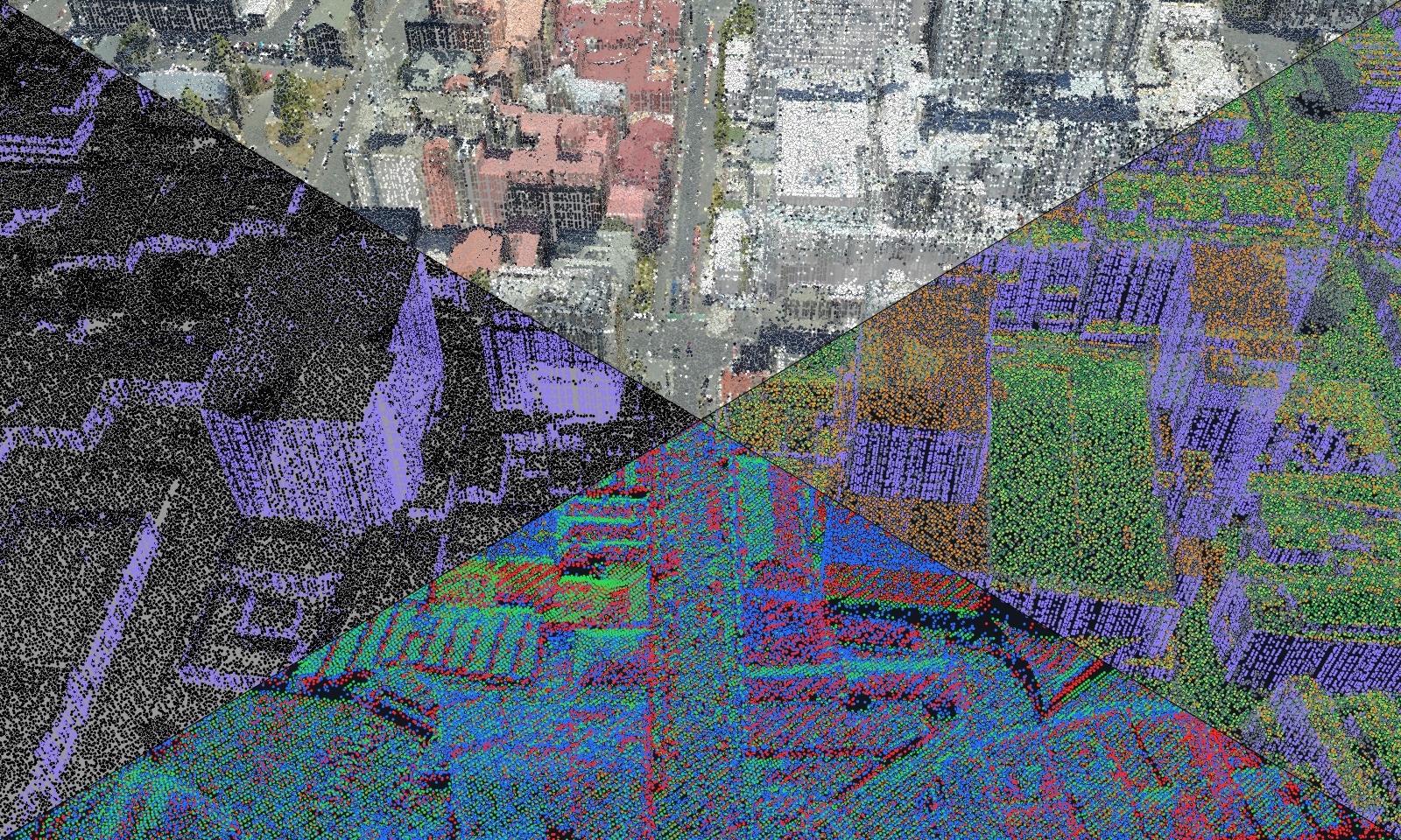 Hobart in four views at once: fused true colour, measured and modelled, confidence, and the raw surveys