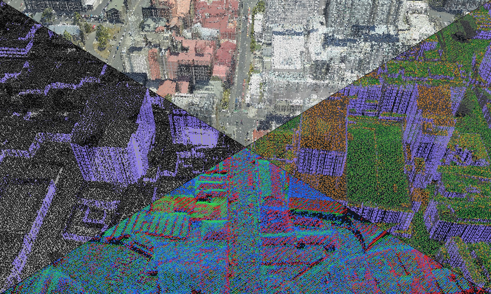 Hobart in four views at once: fused true colour, measured and modelled, confidence, and the raw surveys