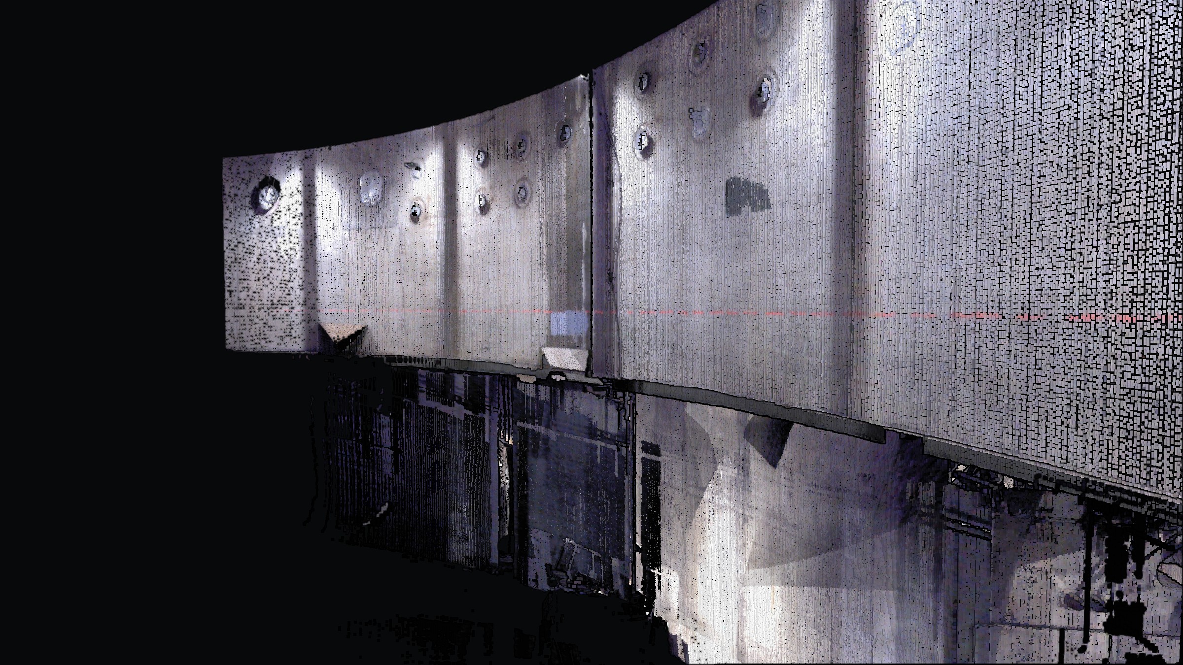 Inside the Satsop plant: the containment's curved wall seen from the ring, fused point cloud in survey colour